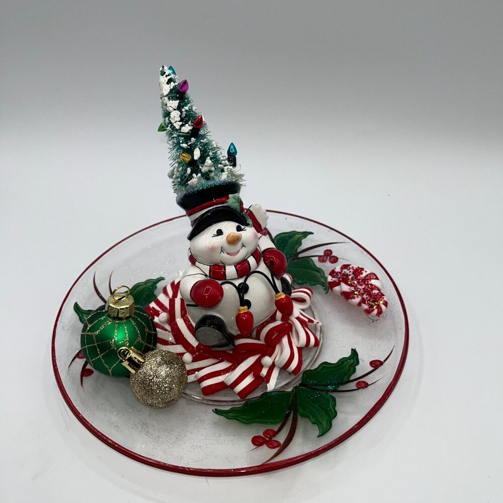 Vintage Ceramic Snowman With Bottle Brush Tree String Light Hat Candy Cane OOAK - Picture 9 of 16